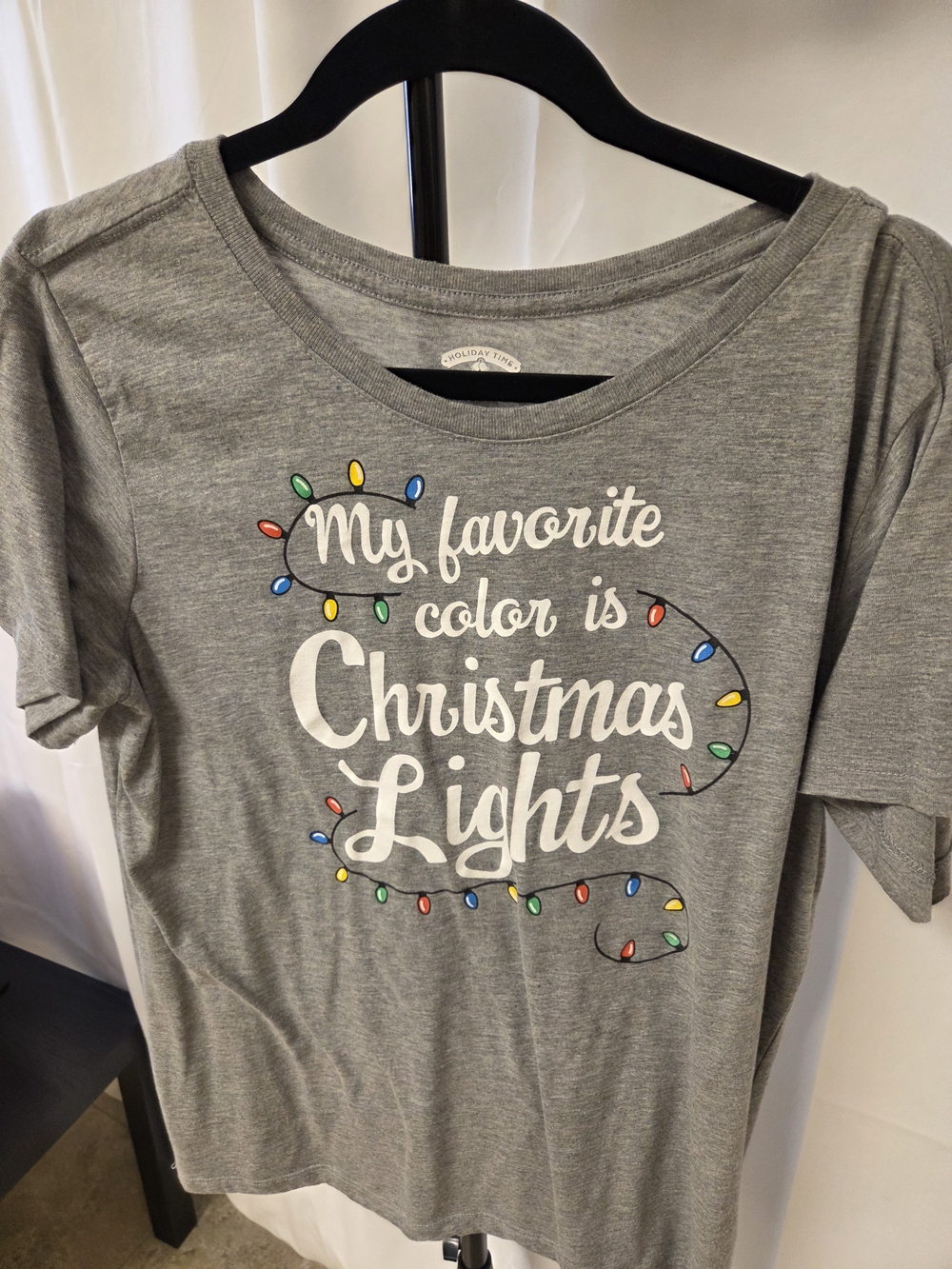 Holiday Time Gray Short-Sleeve Tee with Colorful Christmas Lights Graphic